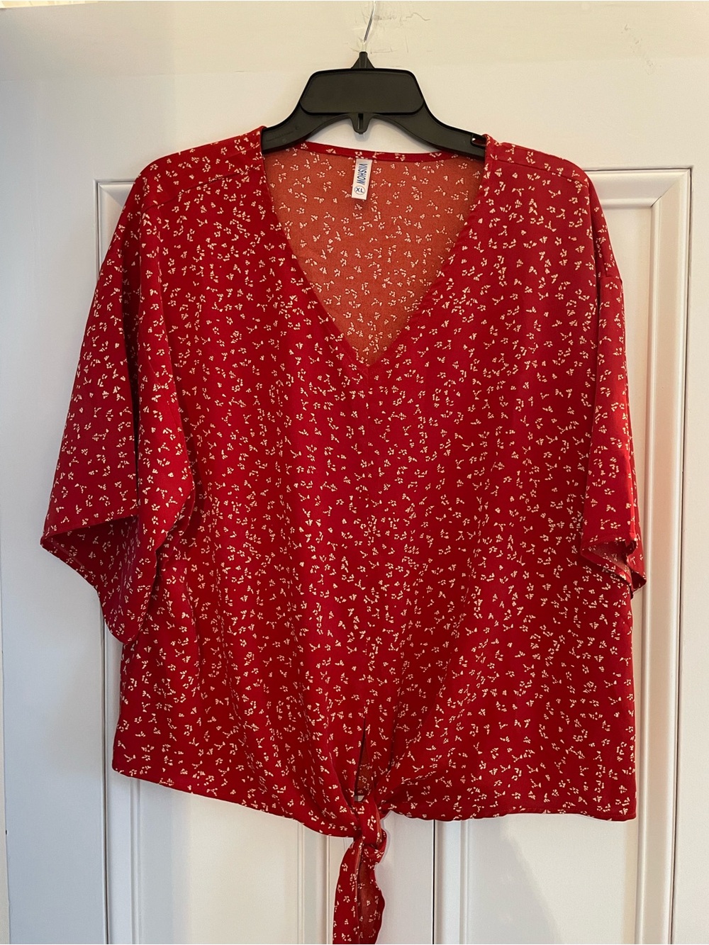 Red V-Neck Tie-Front Blouse with White Floral Print